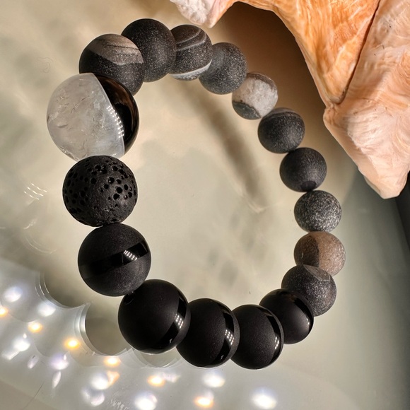 DRUZI AGATE + TUXEDO + ONYX + STONES BRACELET Size 7” - Picture 8 of 13